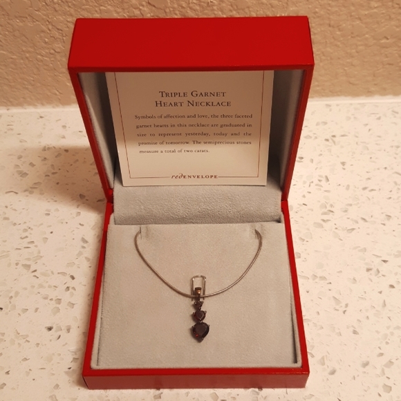 Red Envelope Triple Garnet Heart Necklace, NEW - Picture 2 of 5